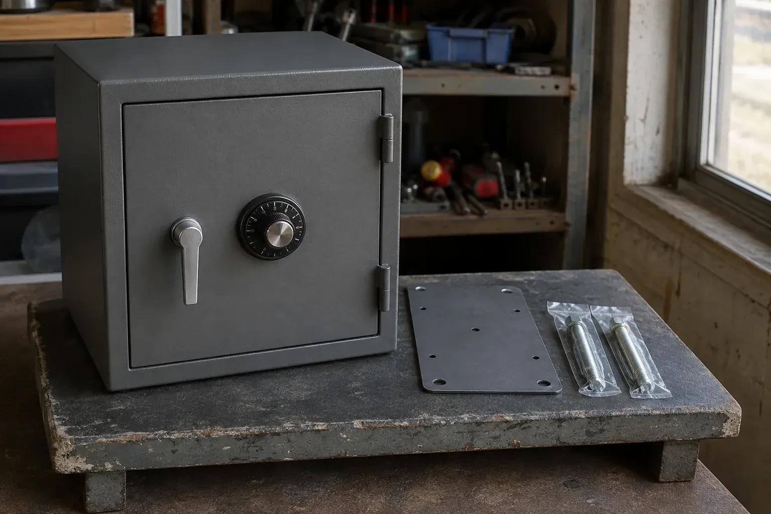 Closed small safe beside a metal plate and packaged fasteners on a workshop bench. — Safe Installation & Servicing, Clarington
