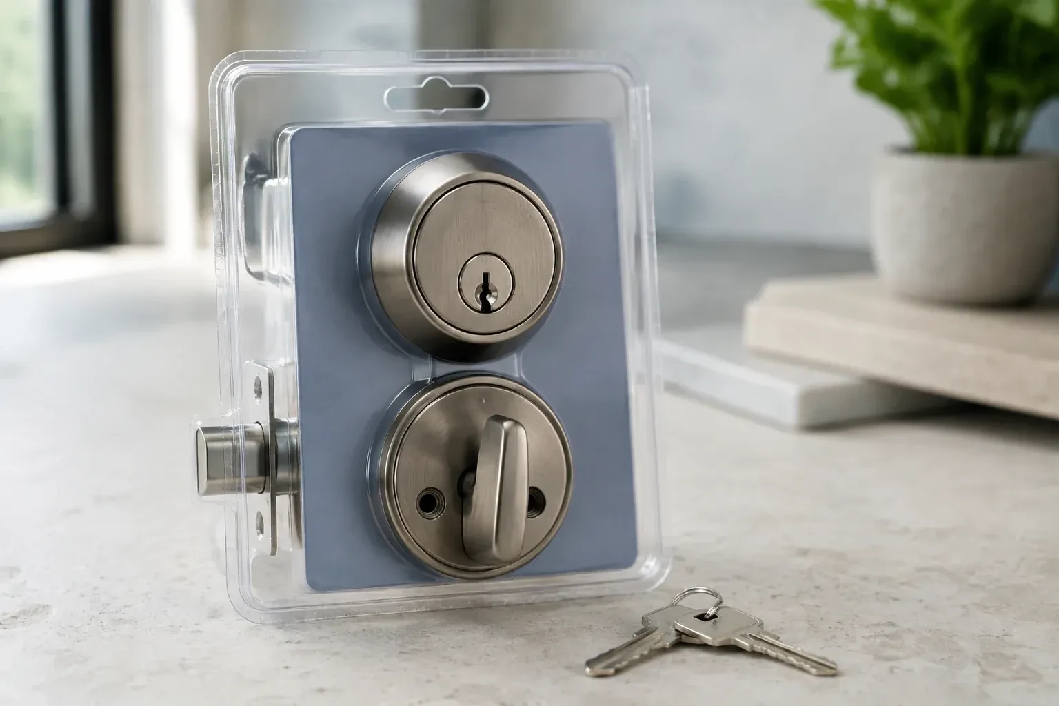 A silver-colored deadbolt set in clear packaging with two keys resting on the countertop in front. — Lock Rekeying, Clarington