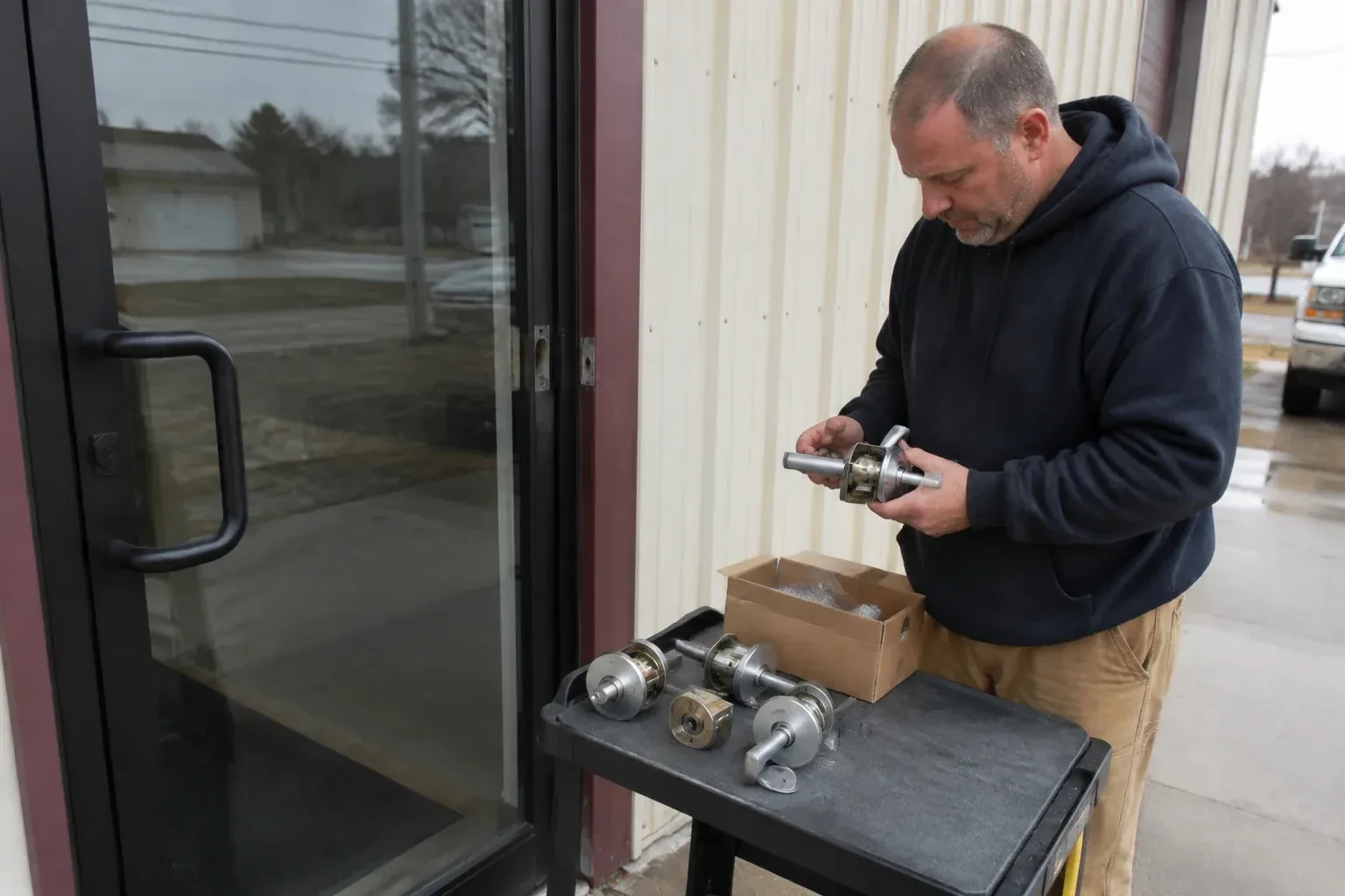 Person holding a door-handle assembly beside a glazed entrance, with more handle and lock components on a cart. — Commercial-Grade Lock Replacement, Clarington