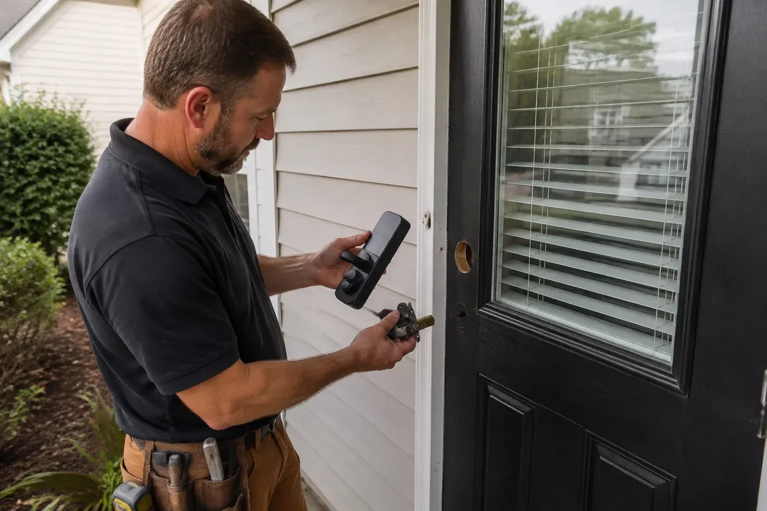 Person holding a black door-handle assembly and a latch beside a glazed door with exposed lock openings. — Smart Lock Installation, Clarington