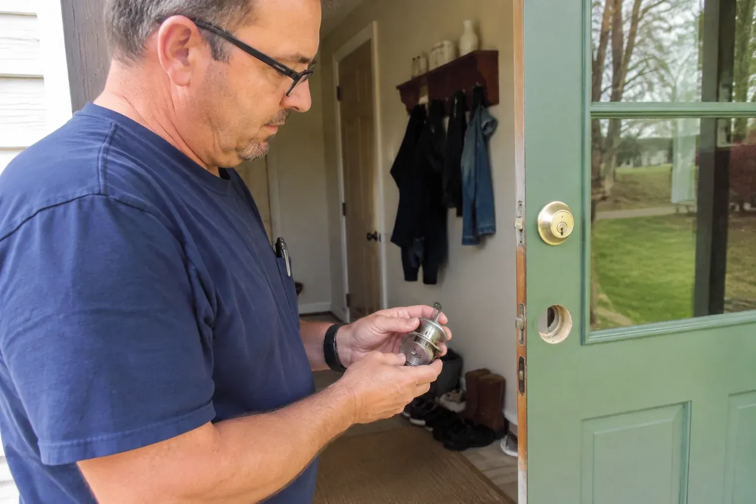 Person holding a cylindrical door-lock assembly beside an open green glazed door with its lower lock opening exposed. — Seized & Jammed Lock Opening, Clarington
