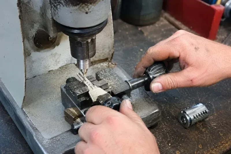 Hands operating a bench-mounted machine with a key clamped beneath a vertical cutter and a loose lock cylinder nearby. — Car Key Replacement, Clarington