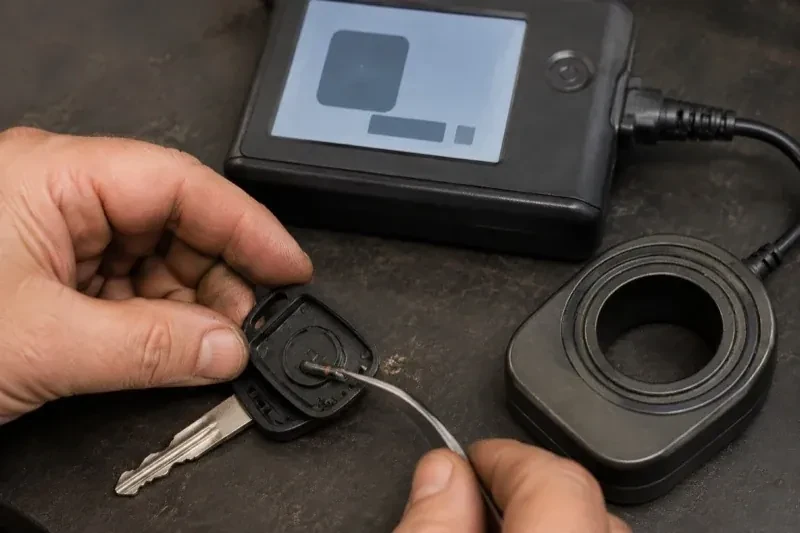 Hands using tweezers at an opened car-key head beside a small electronic unit and a ring-shaped accessory. — Transponder Key Programming, Clarington