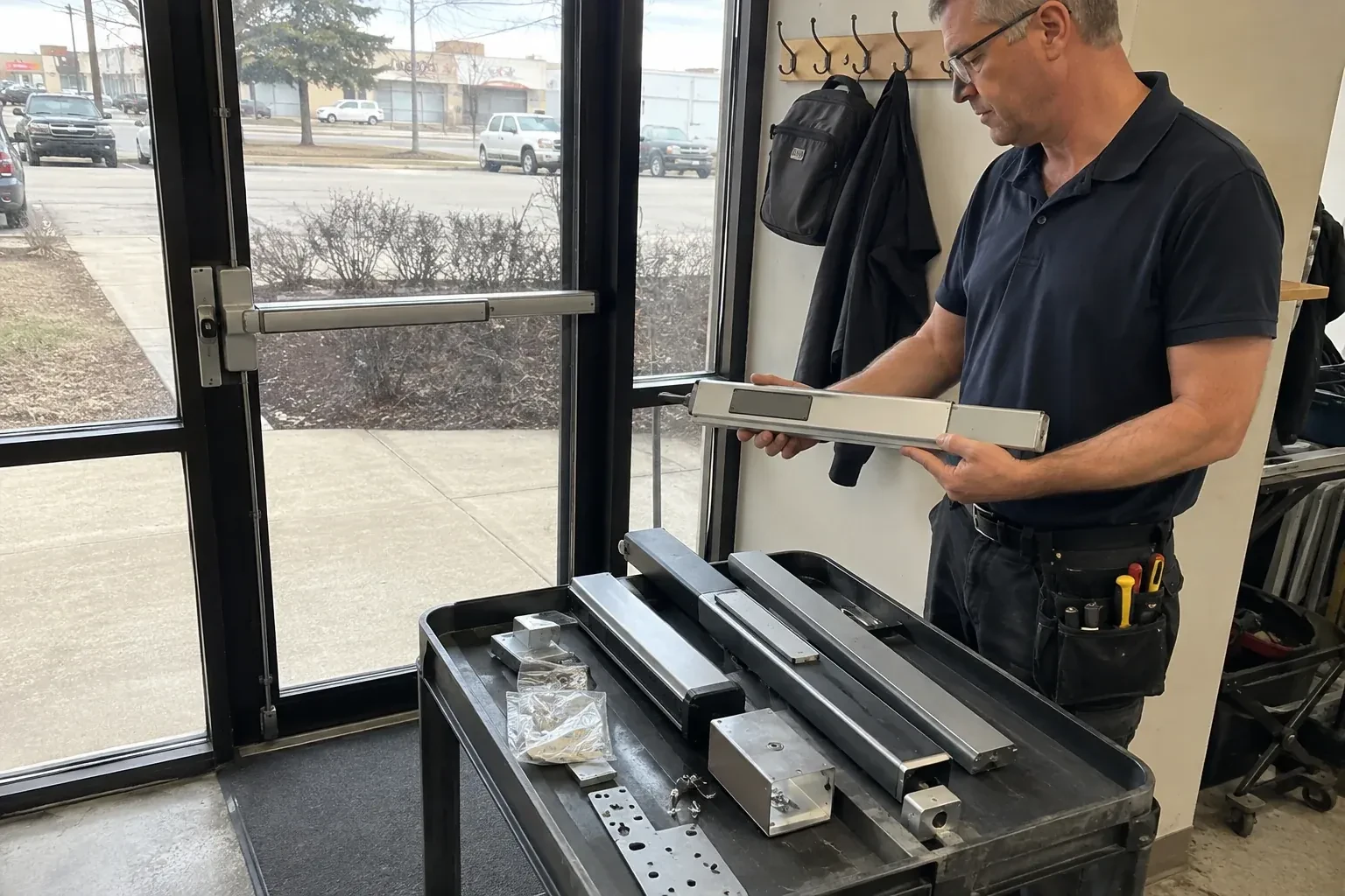 Person holding a long metal door-hardware assembly beside a cart of similar parts and a glass door fitted with a push bar. — Panic & Exit Hardware, Clarington