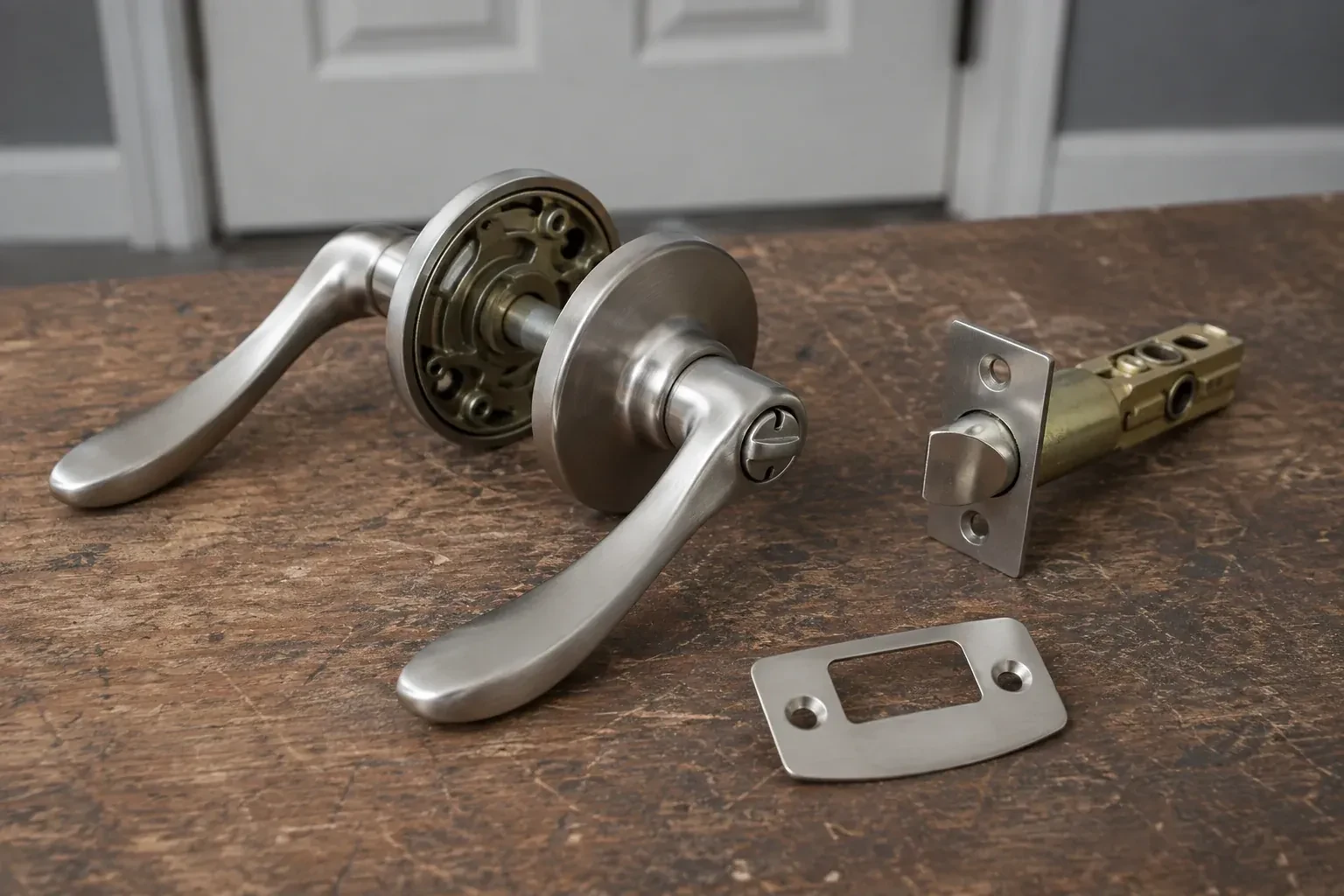 Detached satin-nickel lever hardware, tubular latch and strike plate on a wooden workbench. — Lock Replacement & Upgrade, Clarington