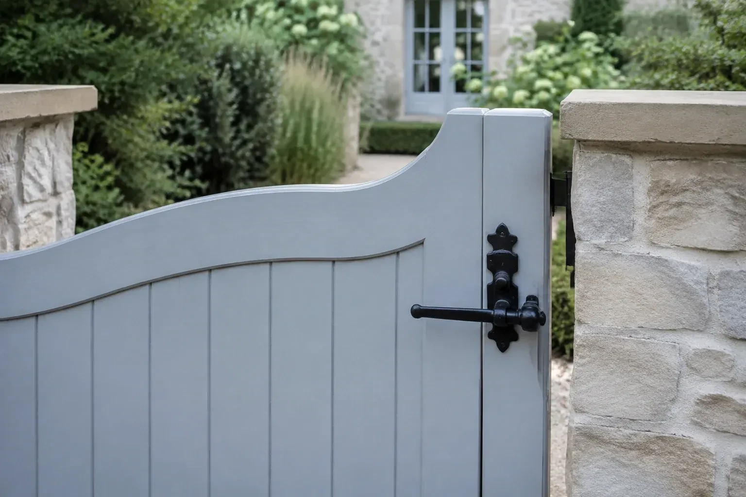 Pale blue garden gate with a black lever latch between light stone pillars. — Gate & Building Entry Locks, Clarington
