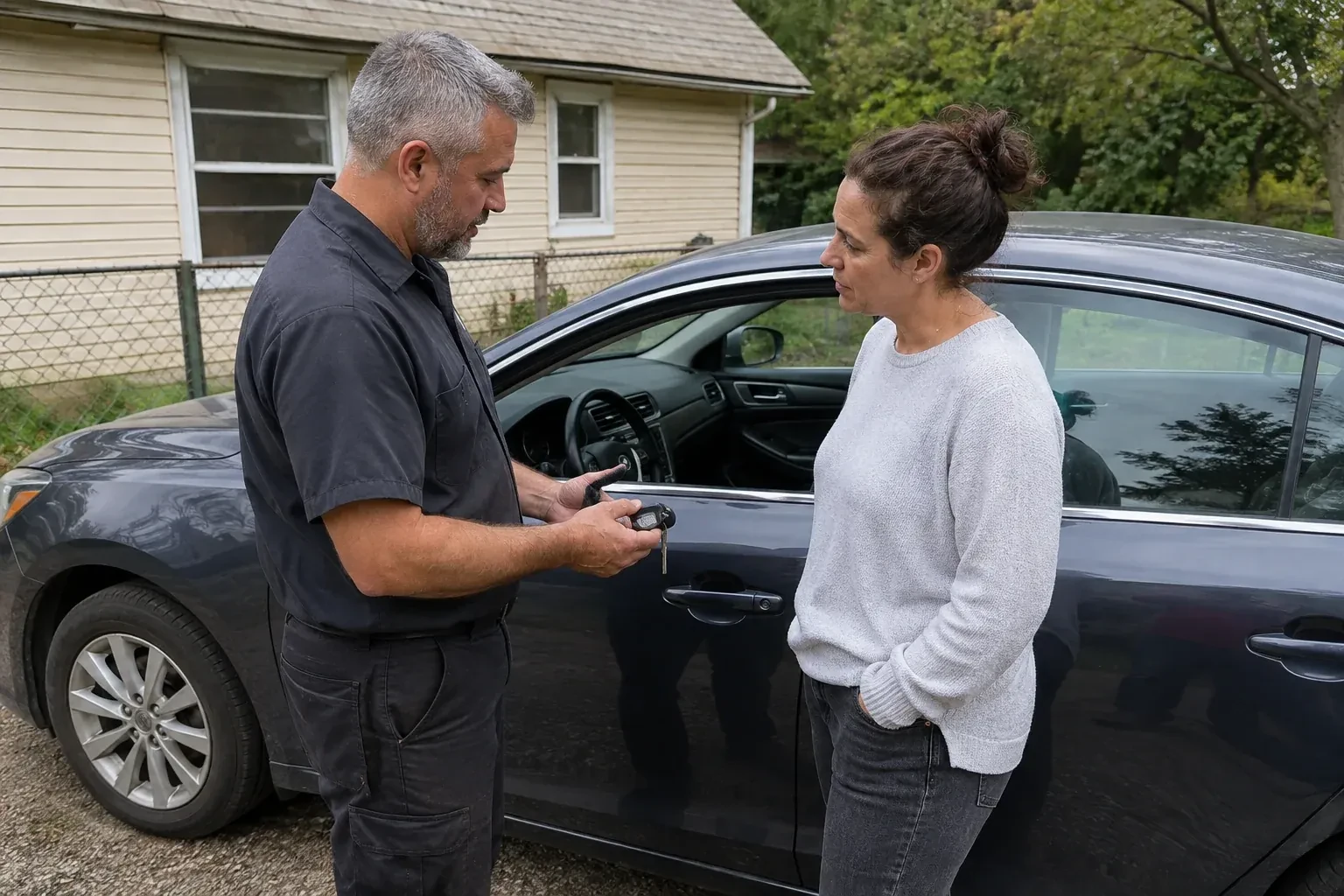 Two people standing beside a car with its window lowered, one holding a key and black key fob. — Ignition Lock Repair, Clarington