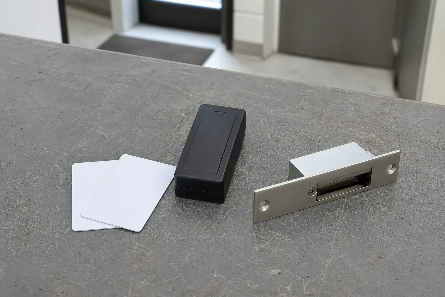 Detached card reader, two plain cards and an electric-strike component on a service bench. — Access Control Installation, Clarington