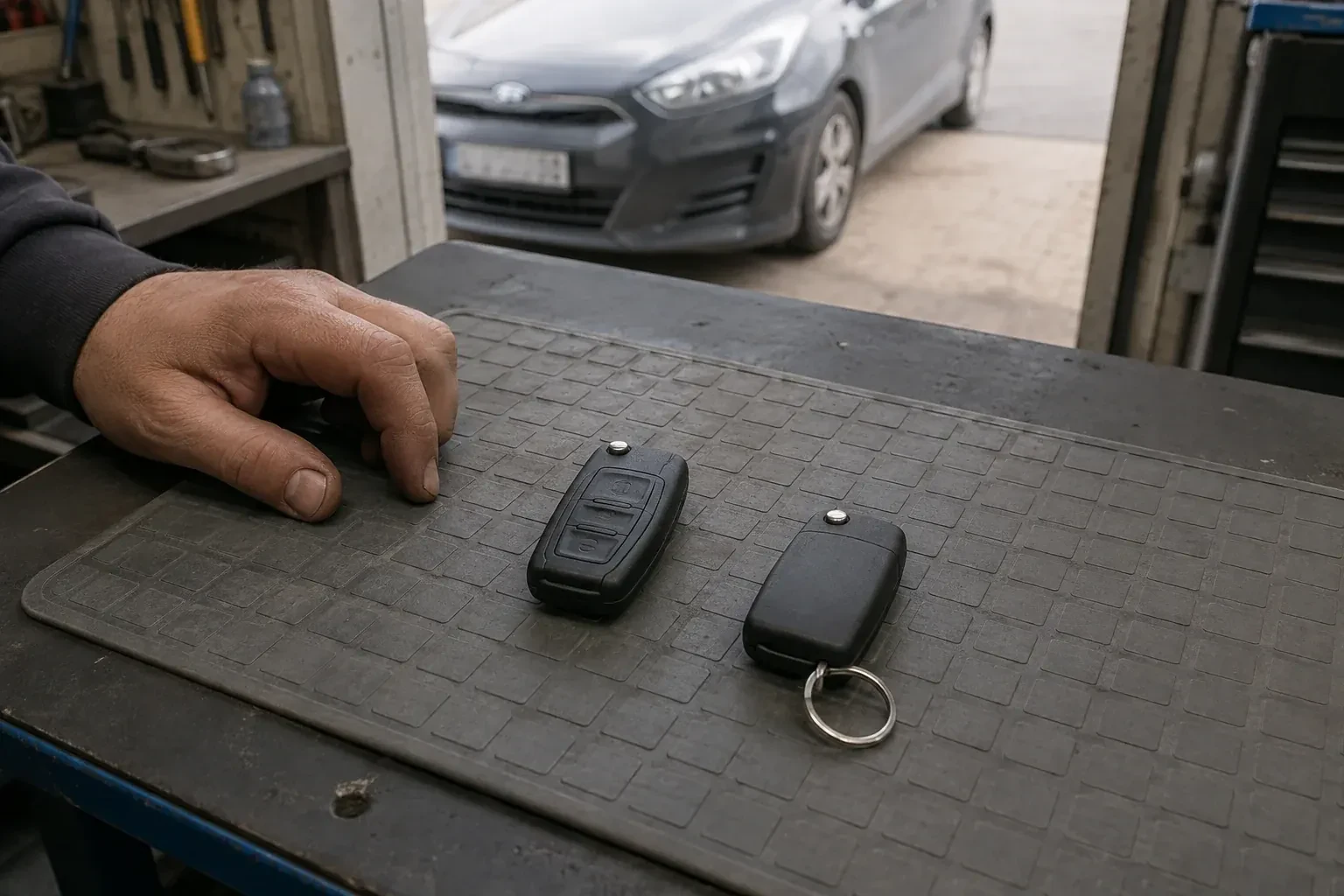 Two vehicle remote fobs on a work mat beside a technician’s hand, with a parked car beyond. — Key Fob Programming, Clarington