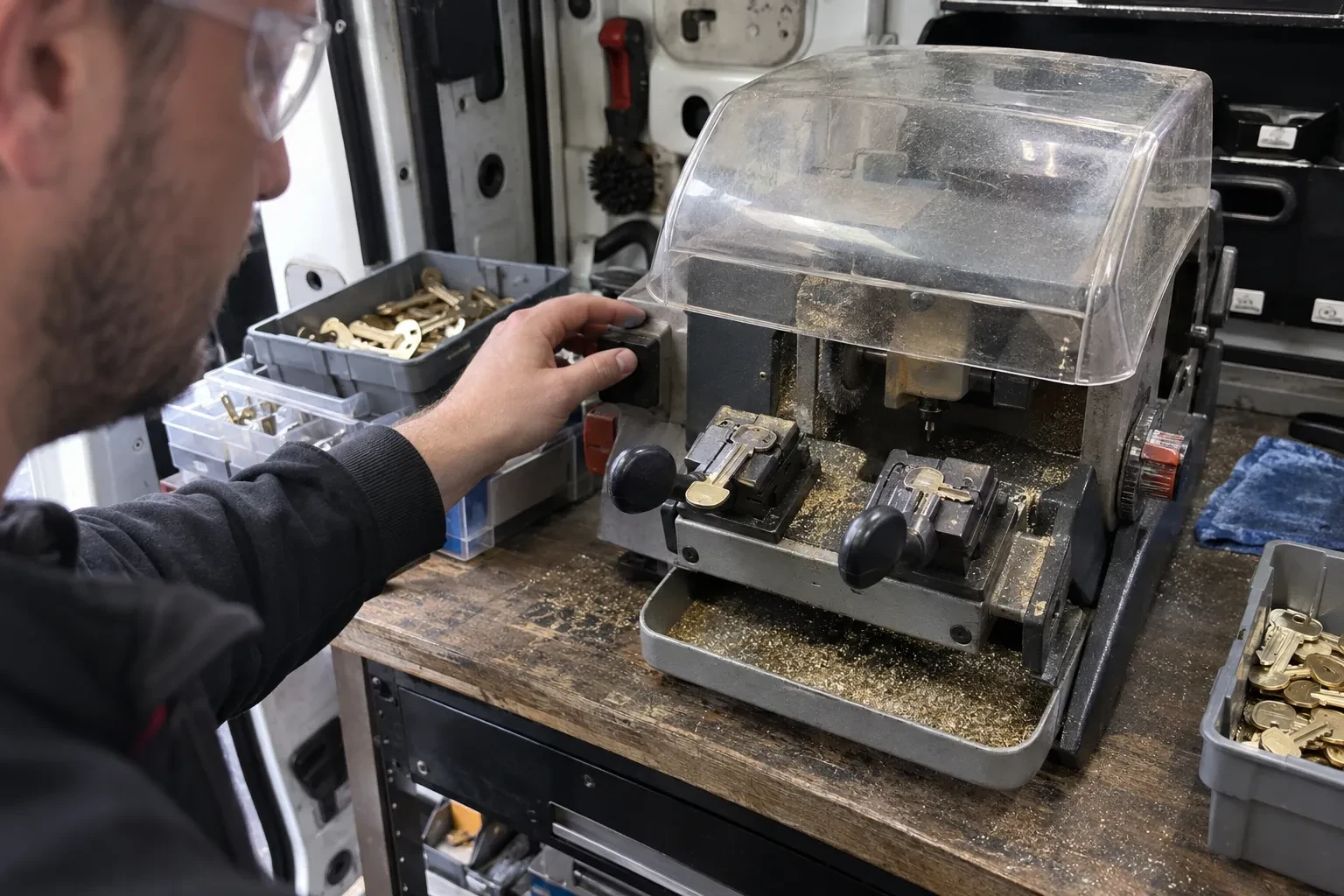 Person in safety glasses reaching for a key-cutting machine with a clear cover, beside trays of brass key blanks. — Spare Car Key Duplication, Clarington