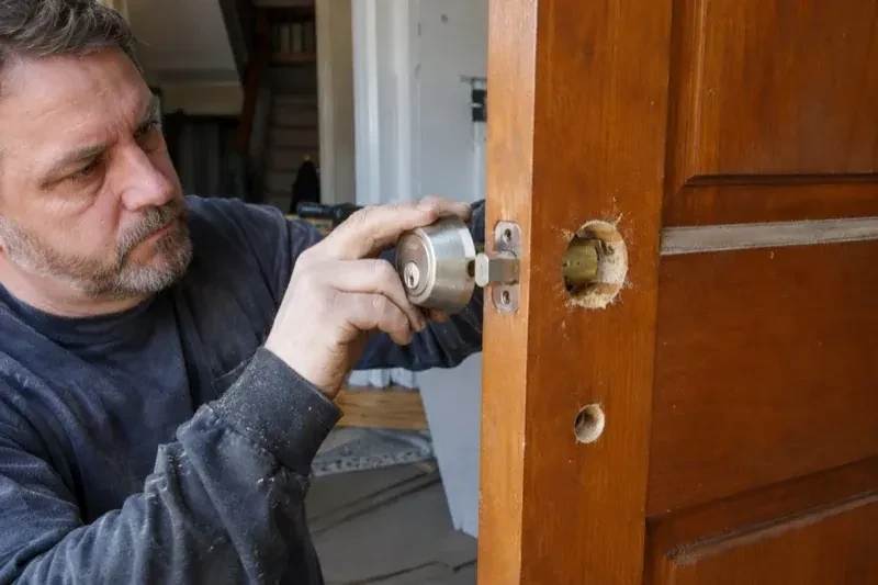 Person holding a silver-colored lock beside an open wooden door with exposed circular holes and a latch at its edge. — Deadbolt Installation, Clarington