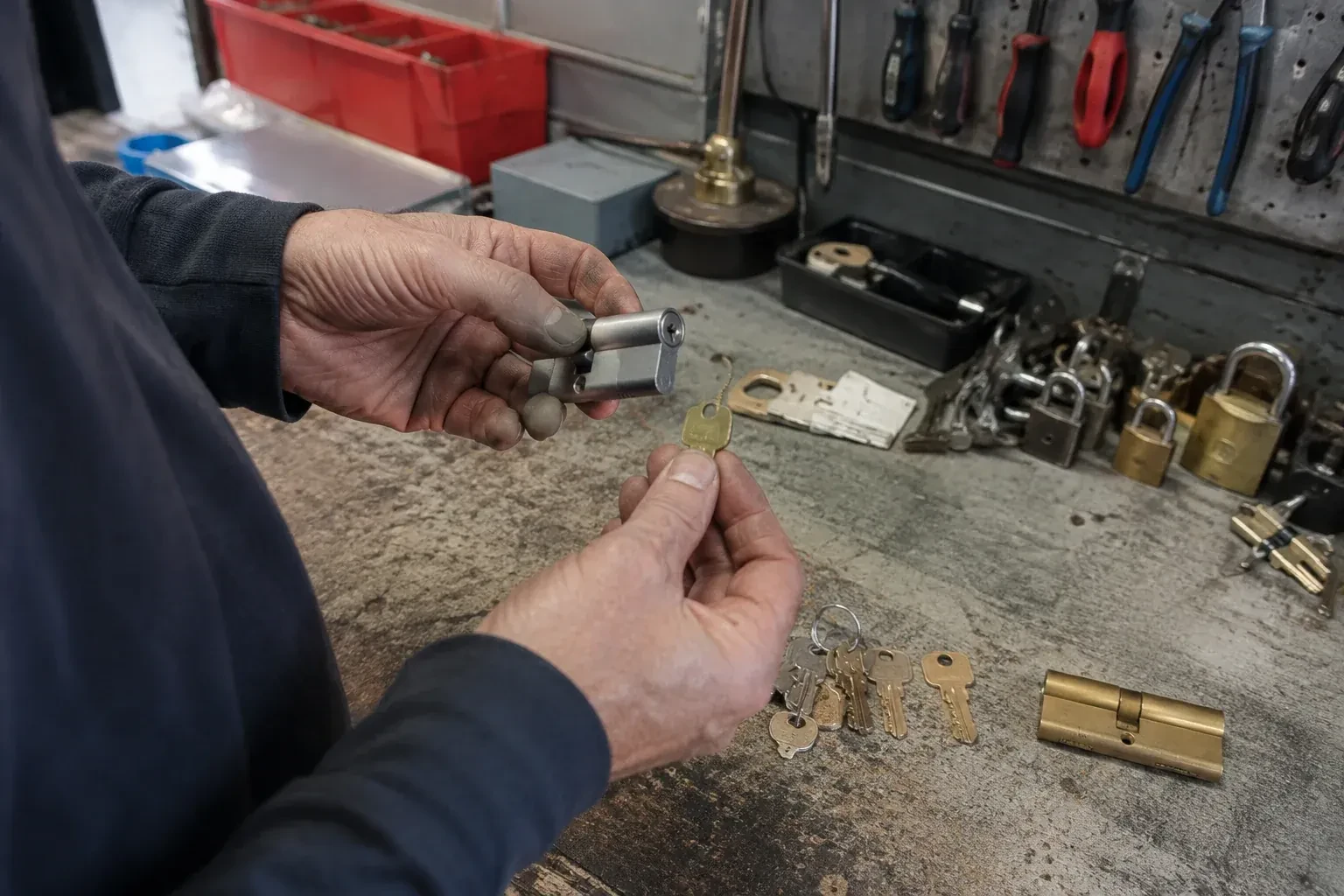 Hands holding a silver-colored lock cylinder and a brass-colored key above a workbench with padlocks, keys and tools. — Master Key System Design, Clarington