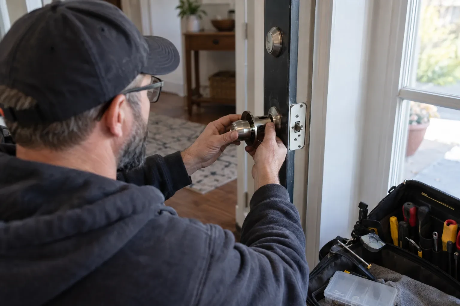 Technician fitting a steel door knob into a door beside a deadbolt, with an open tool bag of screwdrivers nearby. — Orono