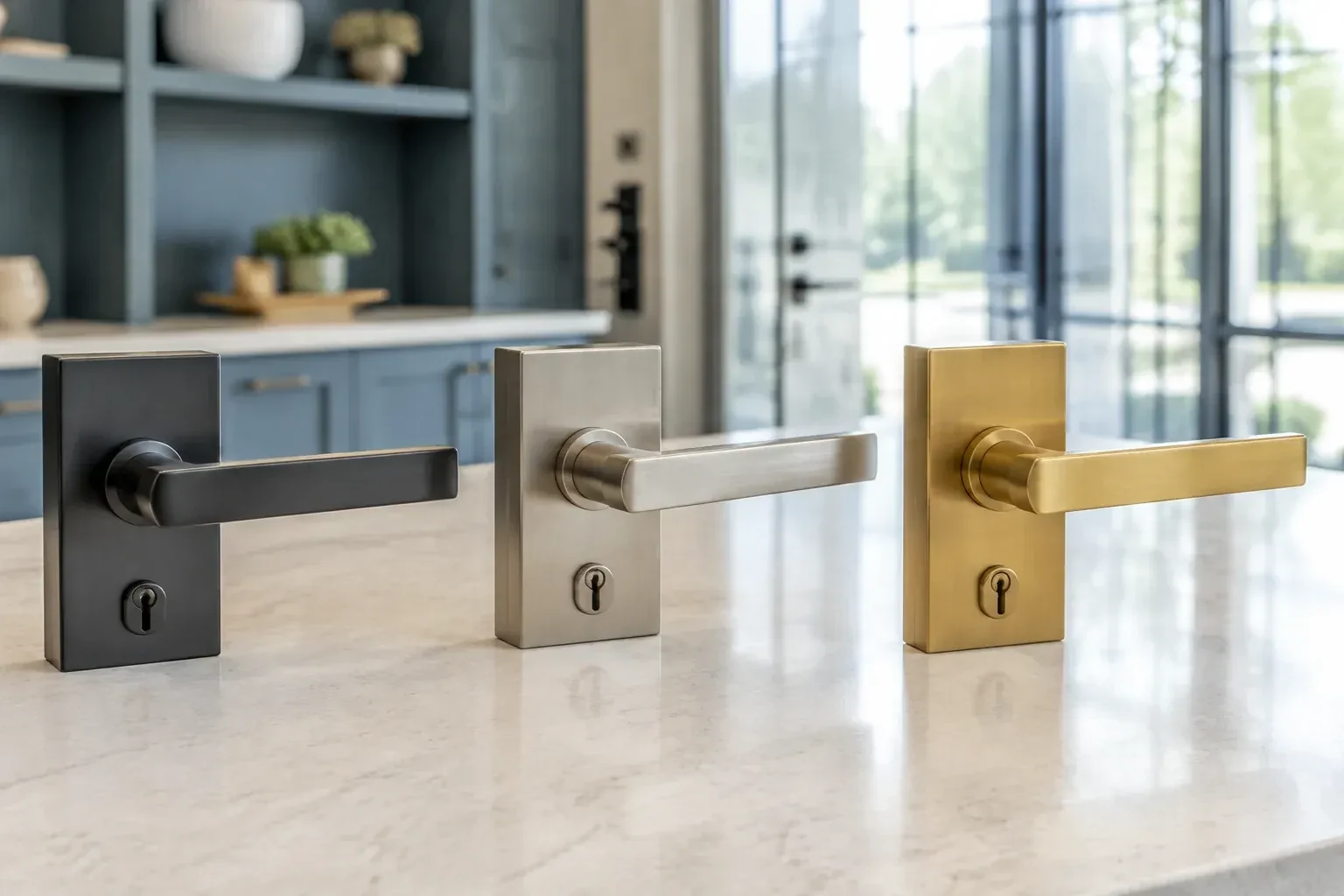 Three rectangular door-handle sets with keyholes in black, silver-colored and gold-colored finishes standing on a countertop. — Commercial Rekeying, Clarington