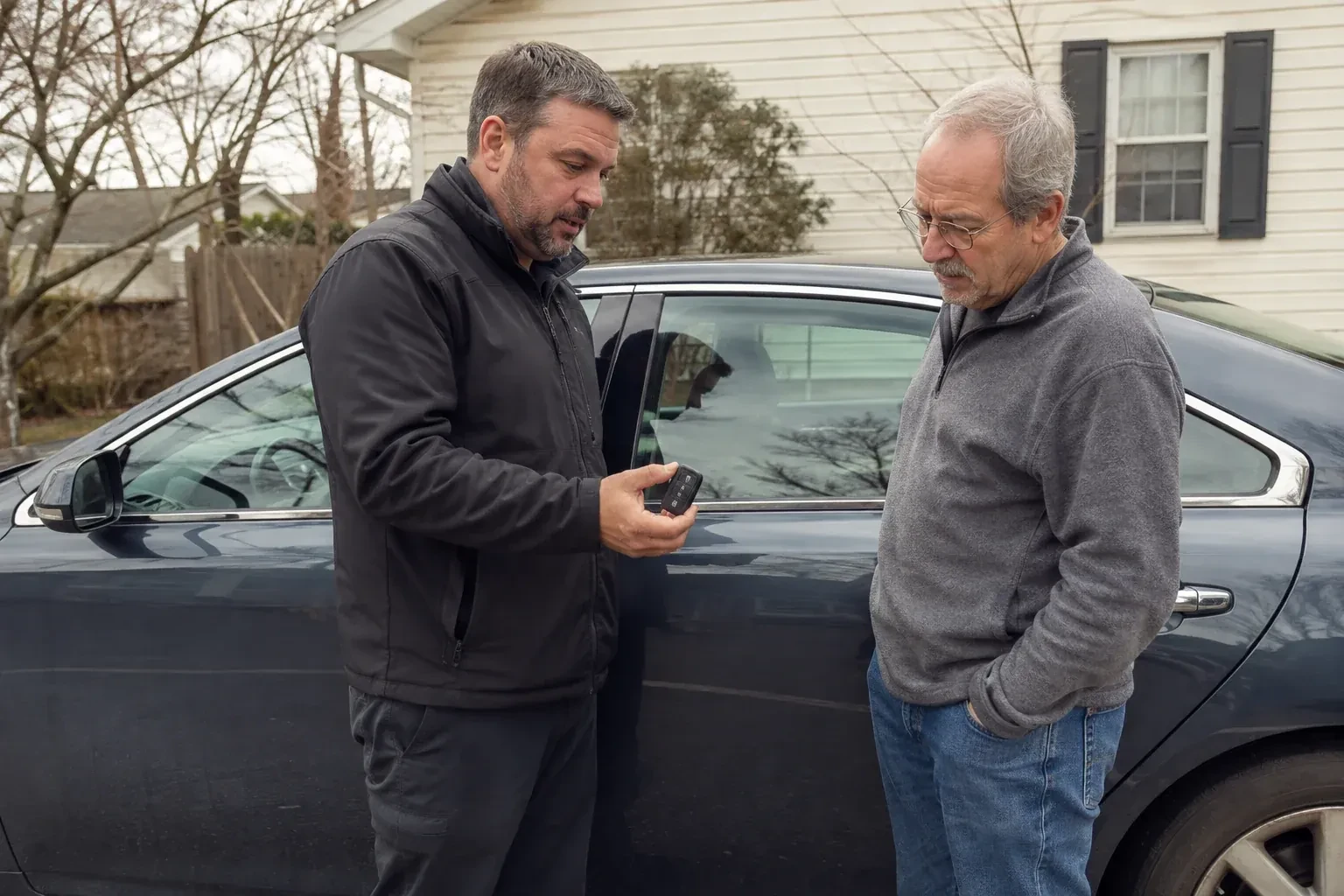 Two people beside a dark sedan, one holding up a black key fob. — Car Lockout Service, Clarington