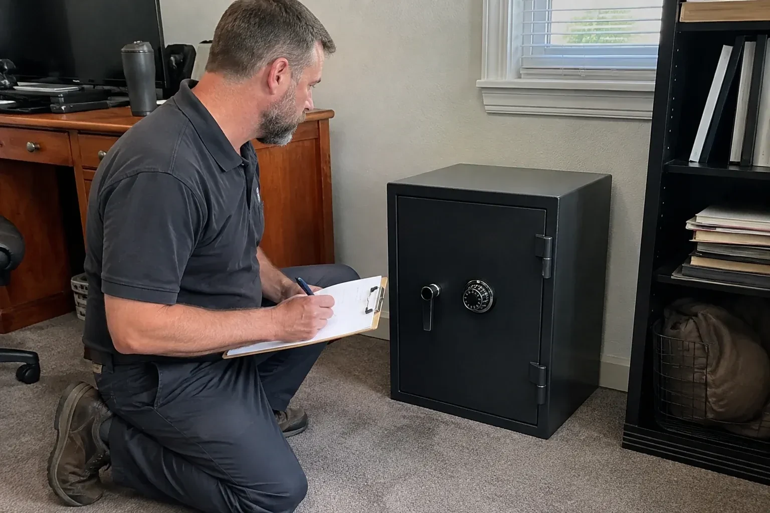 Person writing on a clipboard while kneeling beside a closed black safe with a numbered combination dial in a home office. — Safe Opening & Combination Change, Clarington